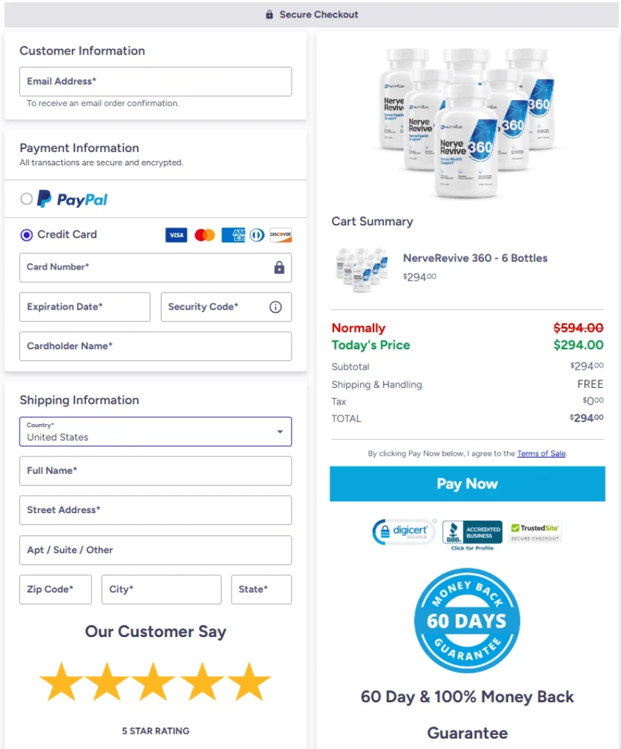 Secure checkout payment page for online order